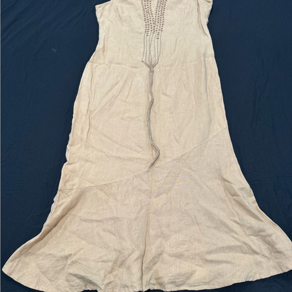 Sleeveless Beige Midi Dress with Braided Detail